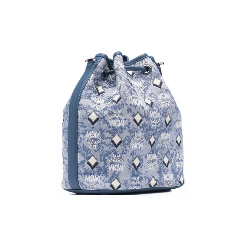 MCM Vintage Monogram Jacquard Fabric With Cow Leather Portable Crossbody Bag, Shoulder Bag Medium Size Women's Blue-4