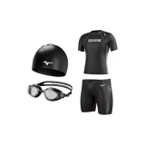 Plano Four-Piece Set[Square Leg Swim Trunks+Short-Sleeved Swimsuit+Swimming Cap+Swim Goggles]