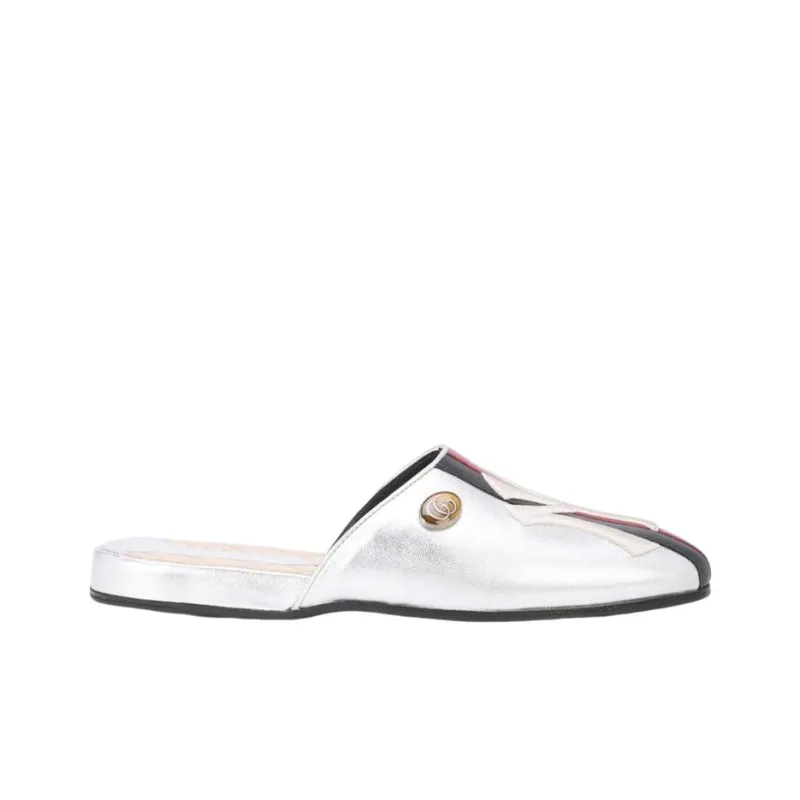 GUCCI Ny Yankee Slippers Silver Leather Women's-1