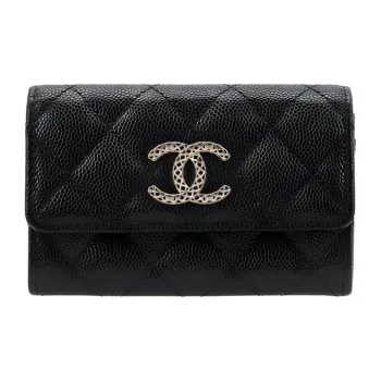 CHANEL Litchi Grain Cow Leather Coin Purses Card Holders Regular Women's Black