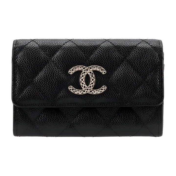 CHANEL Litchi Grain Cow Leather Coin Purse, Card Holder Women's Black-0