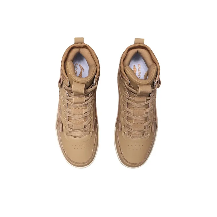 LiNing Qingchao Coverage Slip Resistant Cushioning Abrasion Resistant High Top Skateboard Shoes Men's Brown White-3