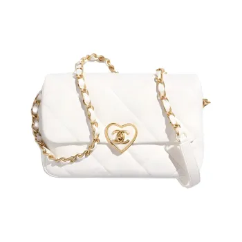 CHANEL Lambskin Flap Bag With Zip Closure Shoulder Bag Crossbody Bag Small Size Women's White