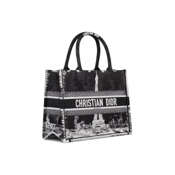 DIOR Embroidery Tote Bag, Shopping Bag, Handbag Medium Size Women's Black & White