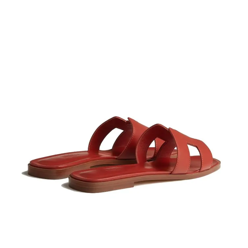 HERMES Oran Genuine Leather Sole Slide Slippers Women's Orange-2