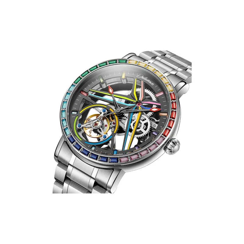 Dulunwe Automatic Mechanical Movement Steel Strap Watch Men's Watches Cut-Out Dial-6