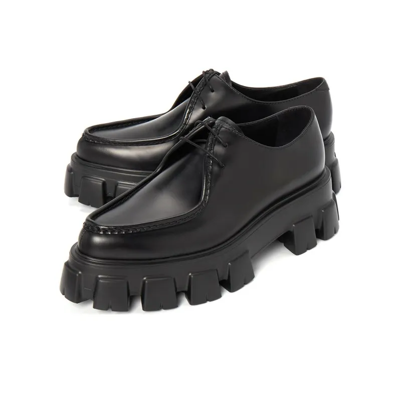 PRADA Monolith Brushed Leather Lace-Up Shoes Black-2
