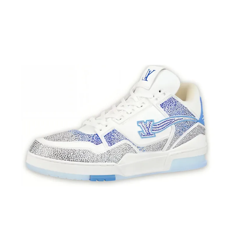LOUIS VUITTON Trainer Sneakers 'White With Shiny Grey Blue Crystals'-0