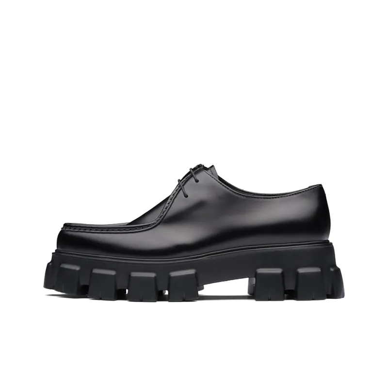PRADA Monolith Brushed Leather Lace-Up Shoes Black-0