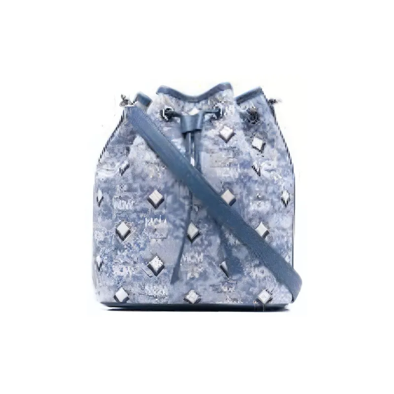MCM Vintage Monogram Jacquard Fabric With Cow Leather Portable Crossbody Bag, Shoulder Bag Medium Size Women's Blue-1