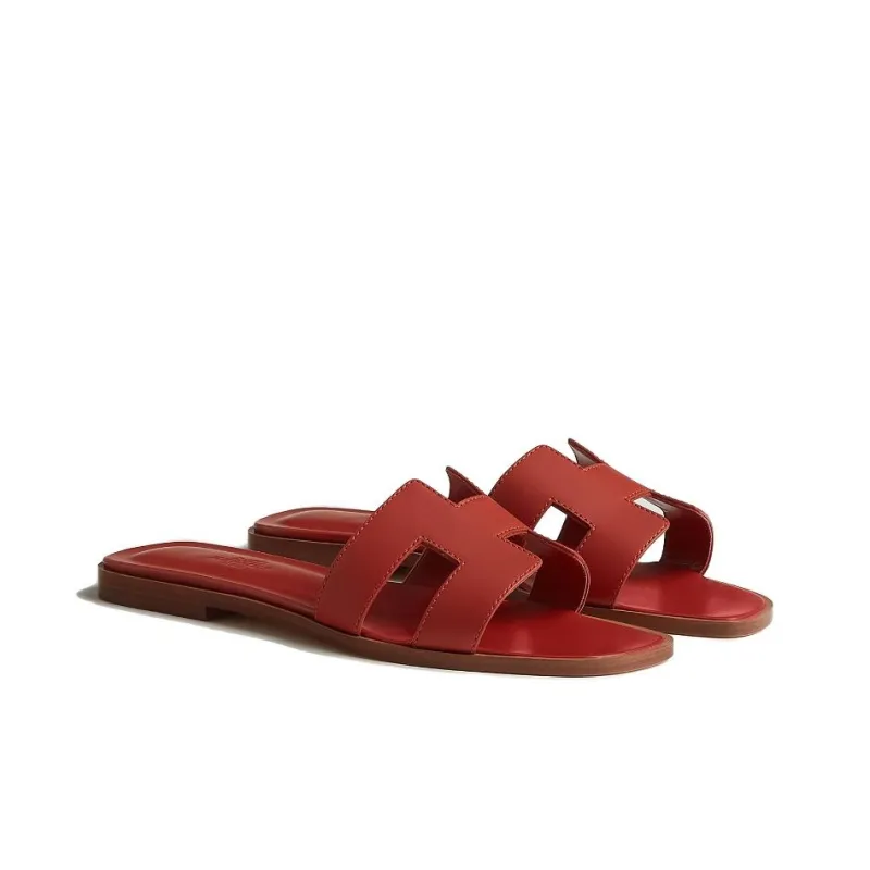 HERMES Oran Genuine Leather Sole Slide Slippers Women's Orange-1
