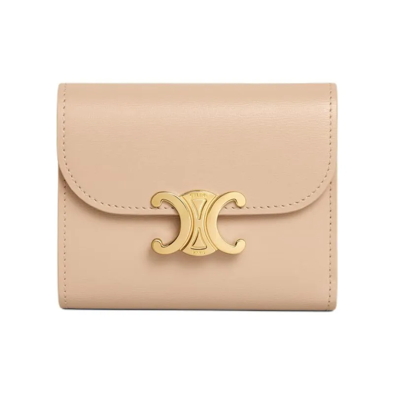CELINE Triomphe Shiny Calfskin Wallet Small Size Women's Beige-0
