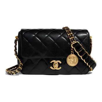 CHANEL Classic Flap CF Coin Collection Embossed Calfskin With Grains Mouth Cover Bag Crossbody Bag Women's Black