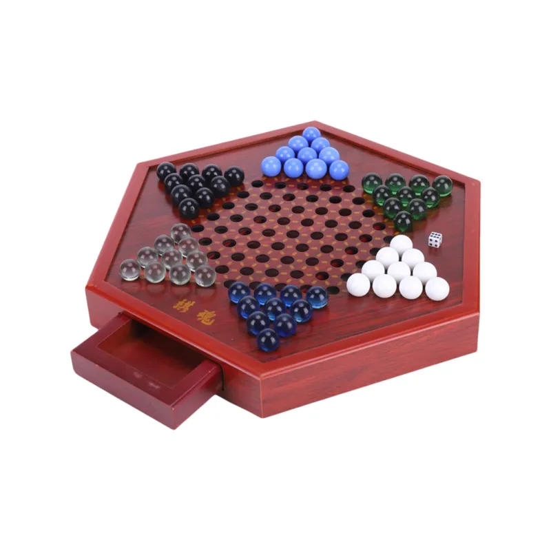 Imono Checkers Glass Beads Educational Marble Checkers Adults Premium Large Size Hexagonal Wooden Checkers Board Games-2