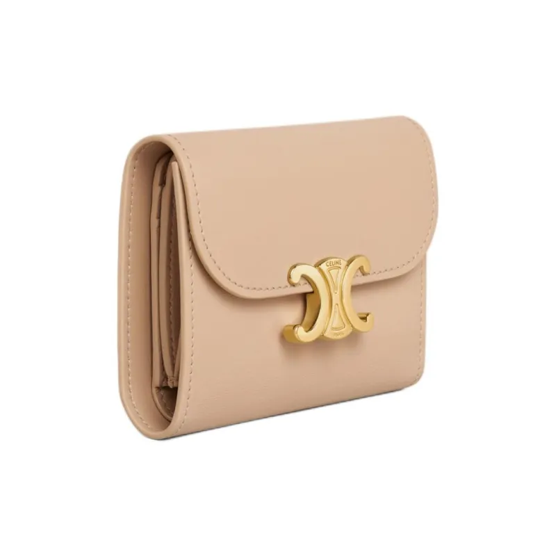 CELINE Triomphe Shiny Calfskin Wallet Small Size Women's Beige-1