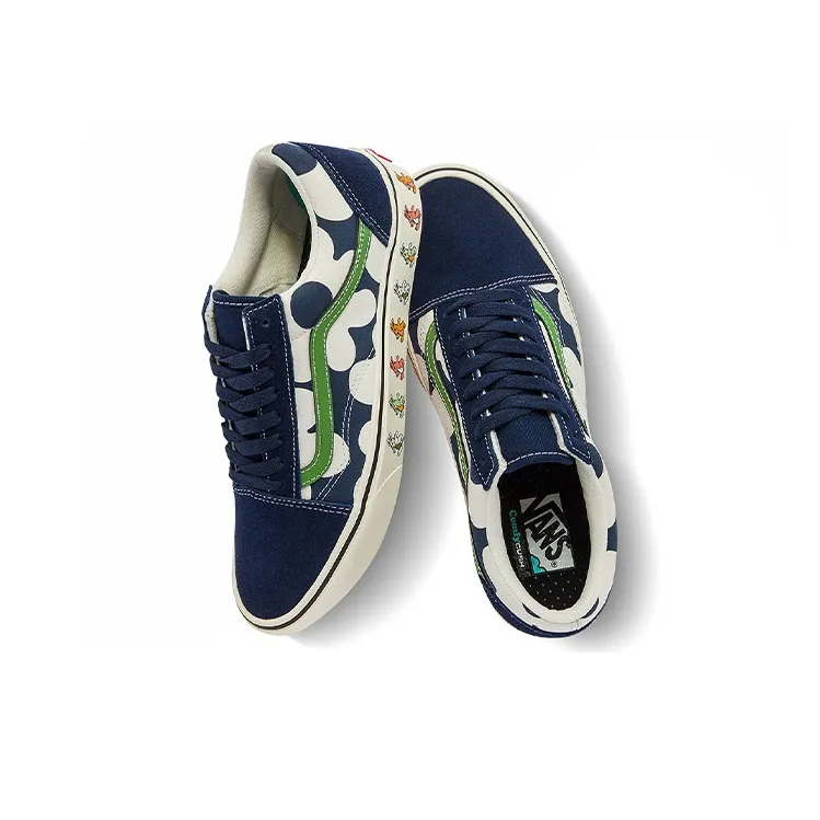 Vans Old Skool Casual Skate Shoes Unisex Blue White Flower Printing 'Blue White Green'-3