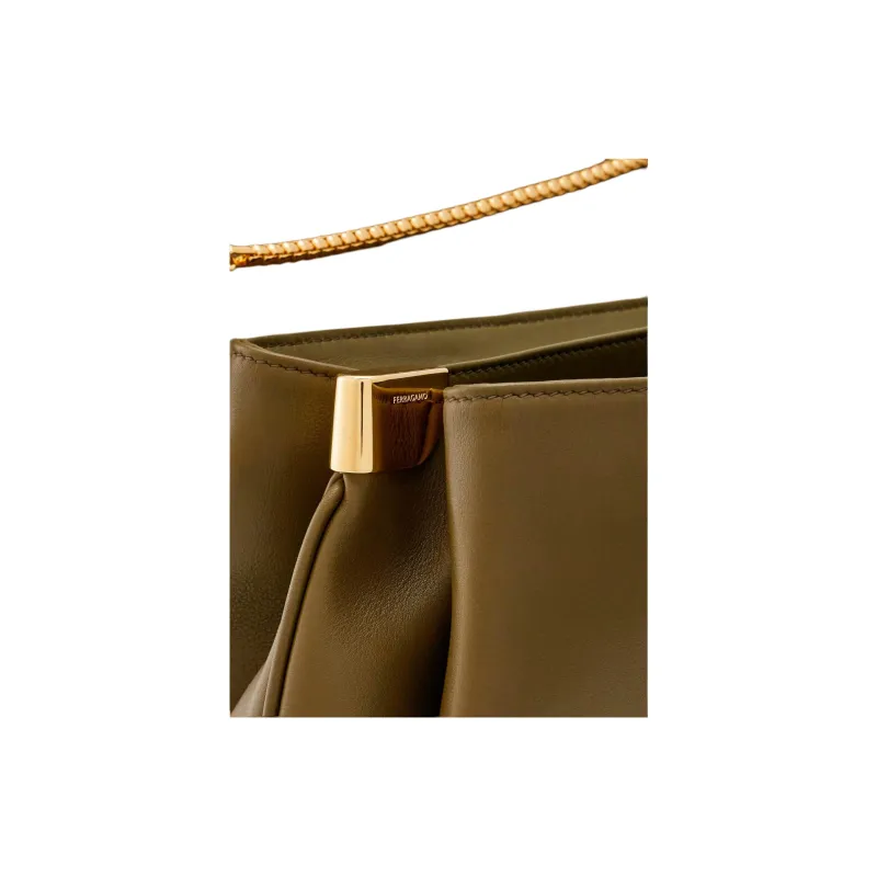 FERRAGAMO GANCINI Calfskin Shoulder Bag Crossbody Bag Medium Size Women's Olive Green-6