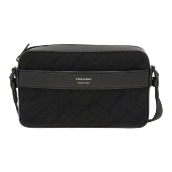 FERRAGAMO Calfskin Patchwork Fabric Shoulder Bag Crossbody Bag Men's Black