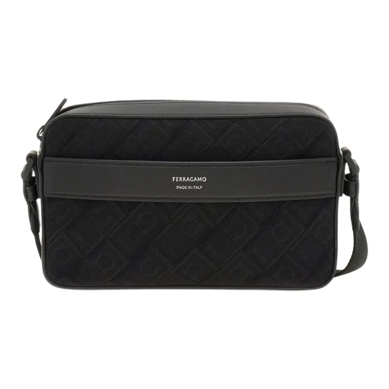 FERRAGAMO Calfskin Patchwork Fabric Shoulder Bag Crossbody Bag Men's Black-0
