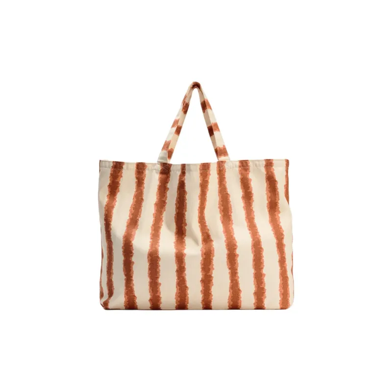 ZARA Cotton Tote Bag Shopping Bag Shoulder Bag Handbag Large Size Women's Ecru & Red Brown-0