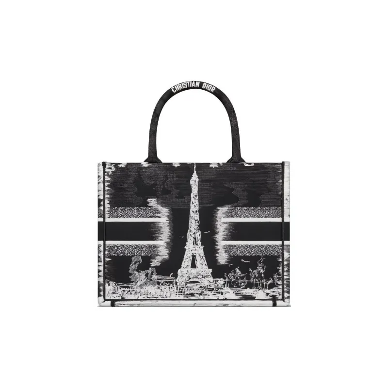 DIOR Embroidery Tote Bag, Shopping Bag, Handbag Medium Size Women's Black & White-1