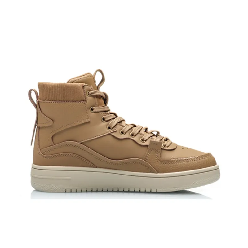LiNing Qingchao Coverage Slip Resistant Cushioning Abrasion Resistant High Top Skateboard Shoes Men's Brown White-1