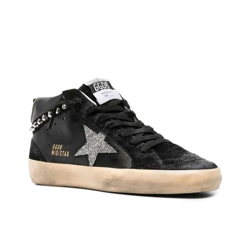 Golden Goose Mid Star Stylish Skateboarding Shoes Women's Black Vintage Version-1