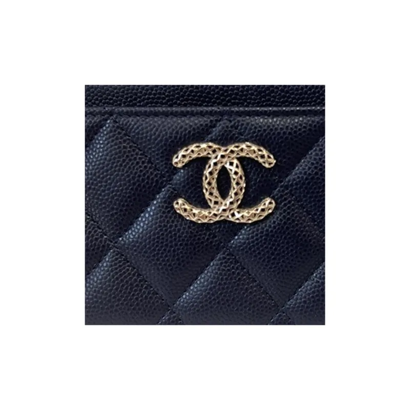 CHANEL Grain Embossed Caviar Shiny Calfskin Card Holder Trumpets Women's Blue-3
