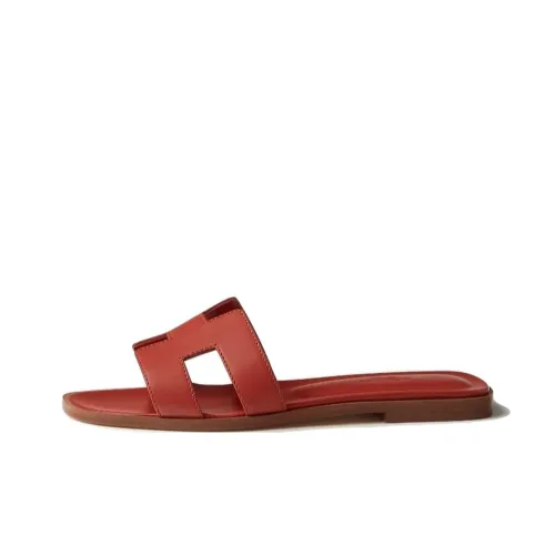 HERMES Oran Genuine Leather Sole Slip-Resistant Slide Slippers Women's Orange