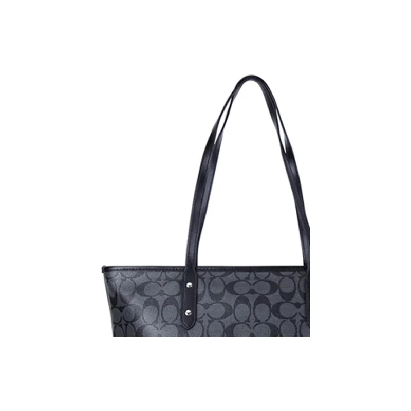 COACH City Zip Tote Canvas With Leather Tote Bag, Shopping Bag, Handbag, Shoulder Bag Women's Black-5