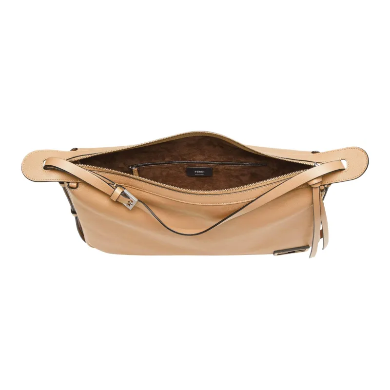 FENDI Calfskin Handbag Shoulder Bag Large Size Women's Beige-3