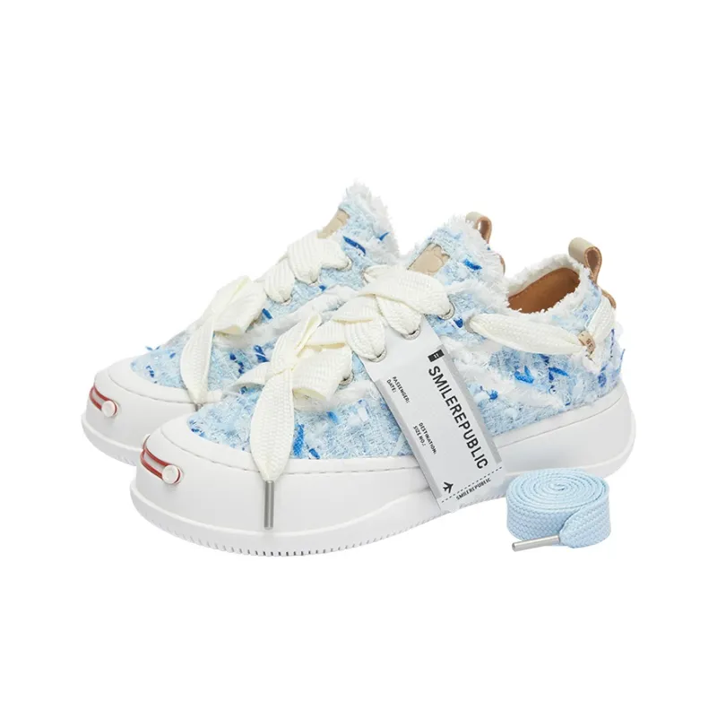 SMILEREPUBLIC STREAMER BULE TWEED Height Increasing Slip-Resistant Low-Top Canvas Shoes Unisex Blue White-2