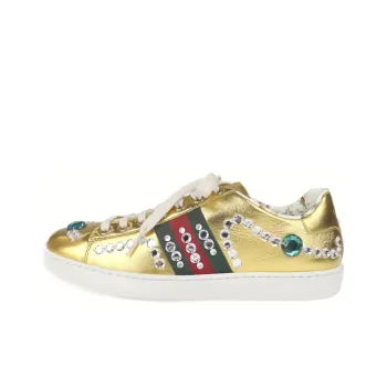 GUCCI ACE Bijou Sherry Stylish Skateboarding Shoes Women's Gold