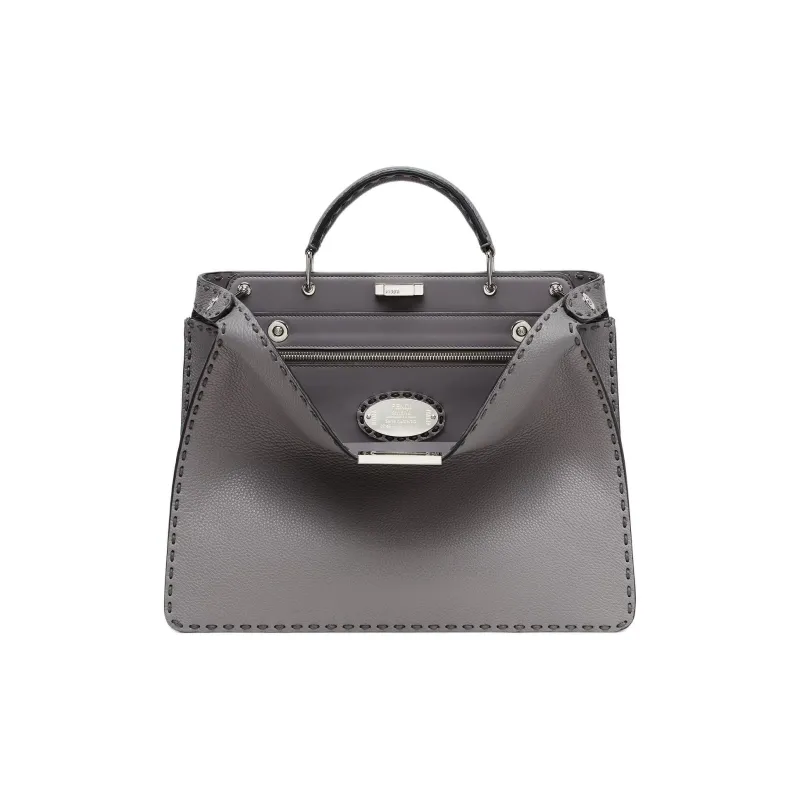 FENDI Peekaboo ISeeU Calfskin With Canvas Shoulder Bag Crossbody Bag Handbag Medium Size Men's Gray-0
