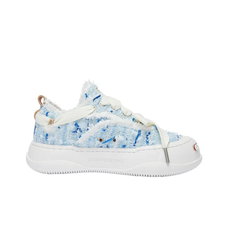 SMILEREPUBLIC STREAMER BULE TWEED Height Increasing Slip-Resistant Low-Top Canvas Shoes Unisex Blue White-1