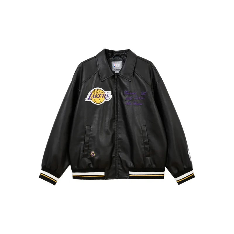 Nba X JACK&JONES Los Angeles Lakers Leather Jackets Unisex Pure Black E43-1