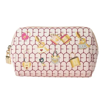 Furla Layered Cow Leather Clutch Makeup Bag Medium Size Women's Pink