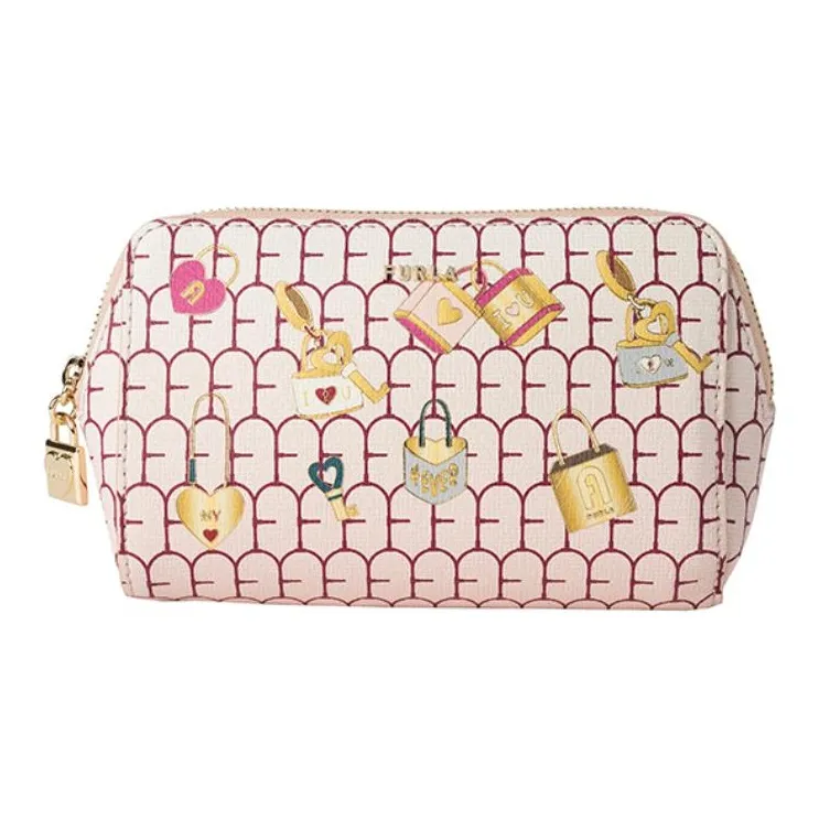 Furla Layered Cow Leather Clutch Makeup Bag Medium Size Women's Pink-0