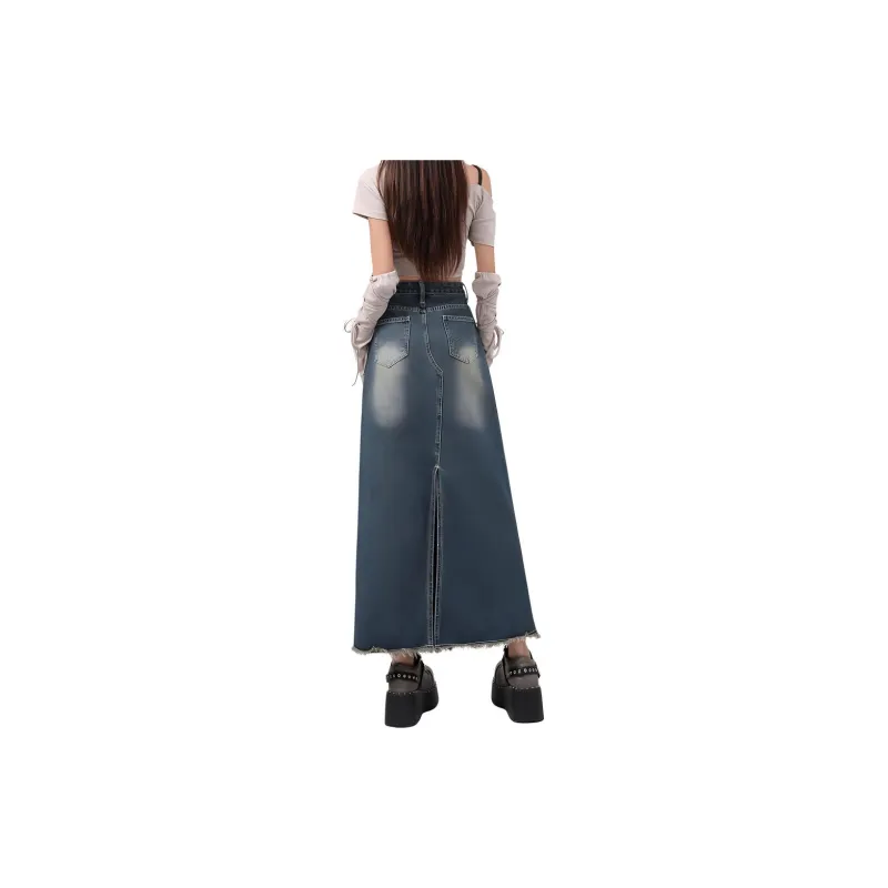 Kazakhstan Denim Long Skirts Women's Vintage Blue-1
