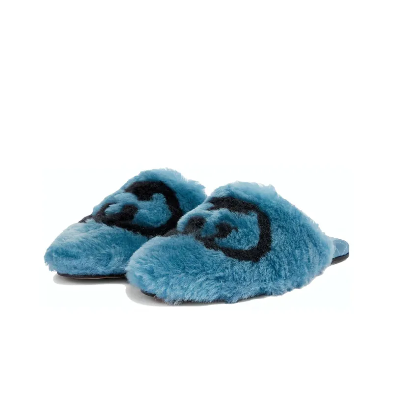 GUCCI Interlocking G Faux Fur Slippers Blue Black Women's-2