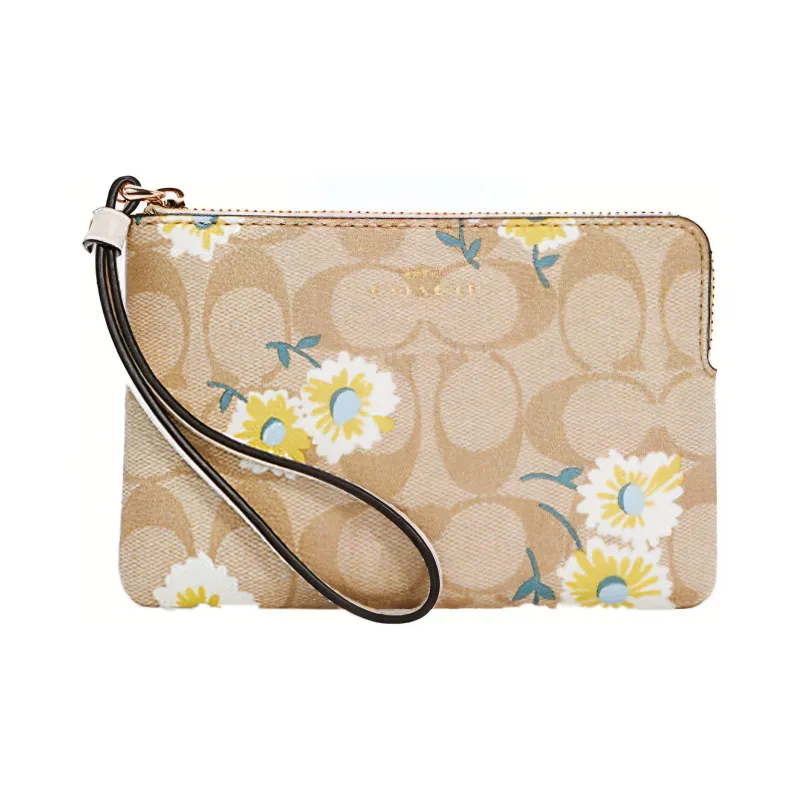 COACH Corner Zip Canvas With Leather Handheld Crossbody Bag Small Size Women's Khaki Monogram-0