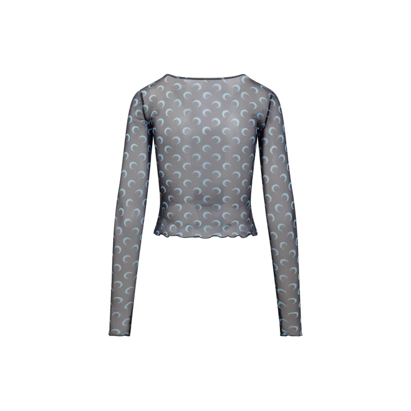 Marine Serre Moon Printed Mesh Second Skin Cropped Top 'Navy'-1
