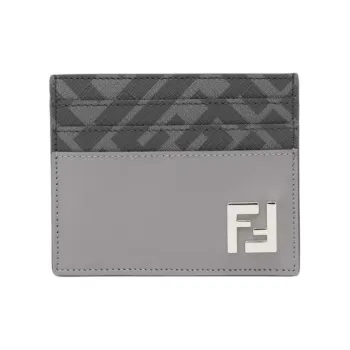 FENDI FF Calfskin With Canvas Card Holder Men's Gray & Black
