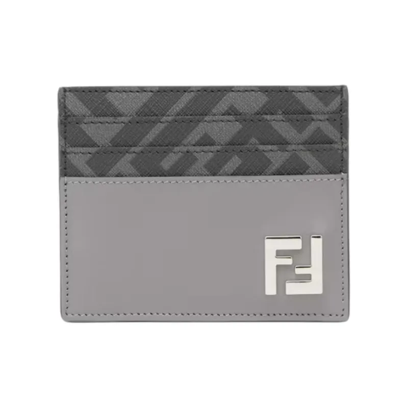 FENDI FF Calfskin With Canvas Card Holder Men's Gray & Black-0
