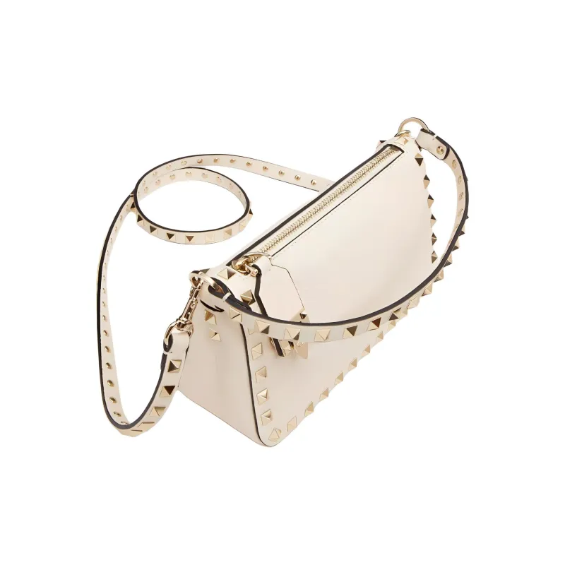 Valentino Rockstud Grain Calfskin Baguette Bag, One Shoulder Handbag Trumpets Women's White-4