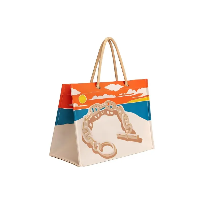 HERMES Canvas Canvas Bag Tote Bag Shopping Bag Handbag Women's Beige & Multicolor-1