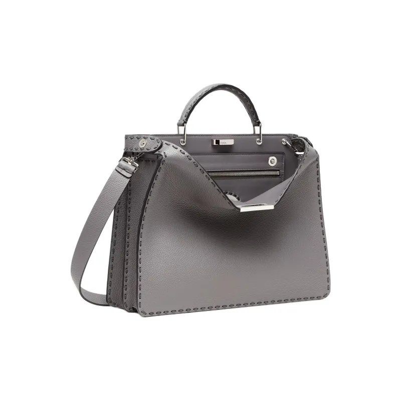 FENDI Peekaboo ISeeU Calfskin With Canvas Shoulder Bag Crossbody Bag Handbag Medium Size Men's Gray-1