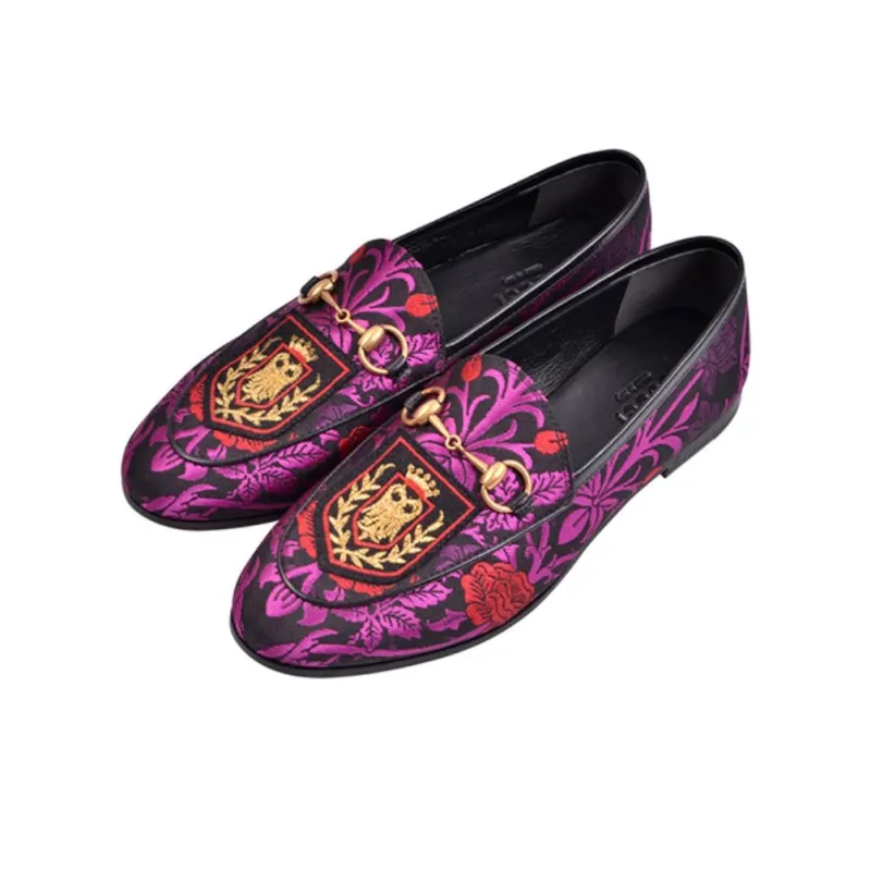 GUCCI Printed Fabric Embroidered Loafers Women's Rose Red-2