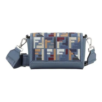 FENDI Calfskin With Canvas Messenger Bag Shoulder Bag Crossbody Bag Handbag Men's Blue