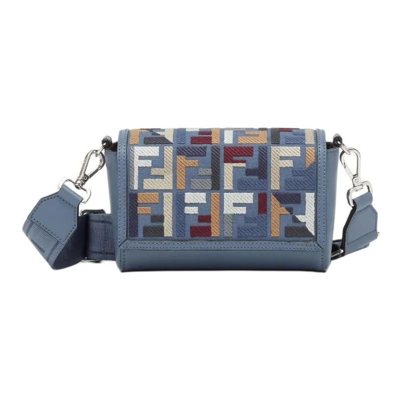 FENDI Calfskin With Canvas Messenger Bag Shoulder Bag Crossbody Bag Handbag Men's Blue-0